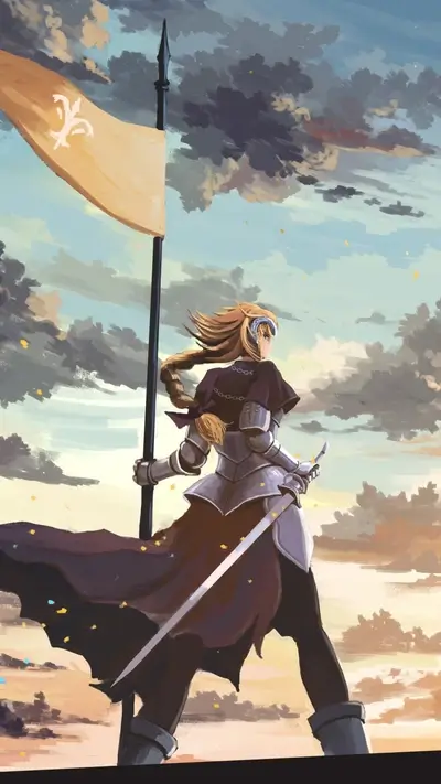 A female knight stands with a flag and sword