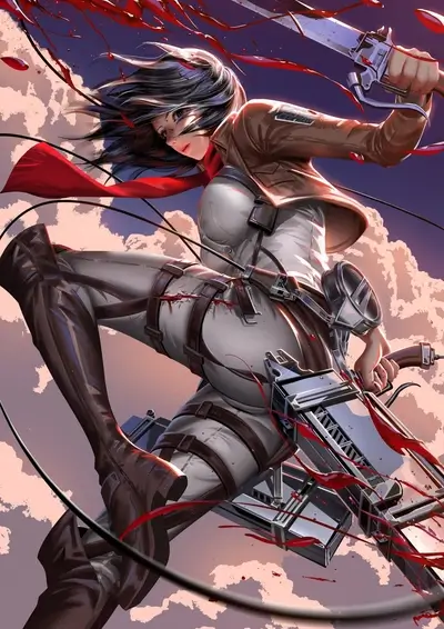 A female soldier fights with a sword and gun