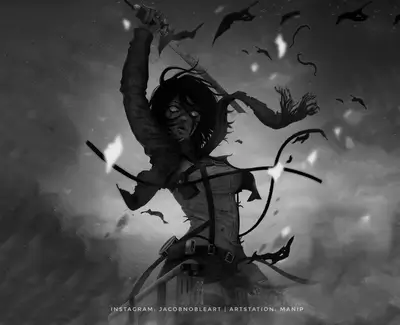 A female warrior fights with a sword amidst a dark, stormy sky