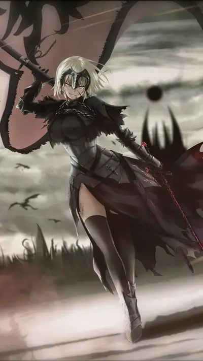 A female warrior in dark armor, holding a flag