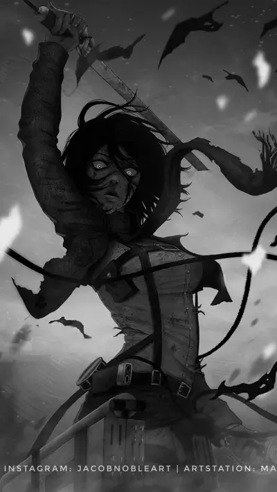 A female warrior, sword raised, amidst a dark, stormy sky