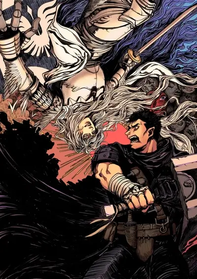 A fierce battle between a warrior and a winged figure