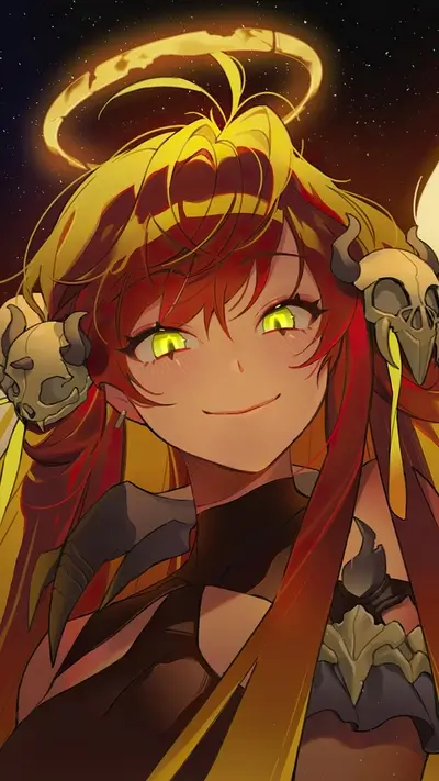 A fiery-haired angel with skull adornments