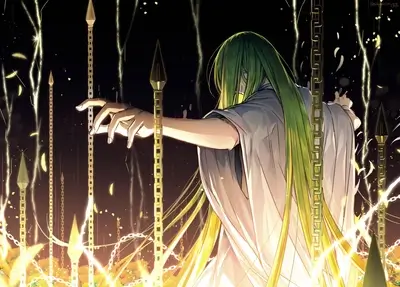 A figure with long green hair stands amidst glowing chains and spears