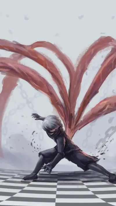 A figure with red tendrils attacks