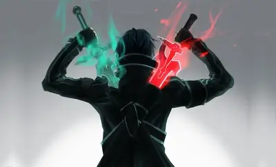 A figure with two glowing swords behind their back