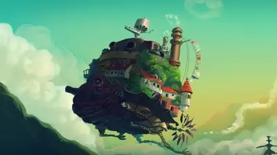 A floating island city in the sky with steampunk elements