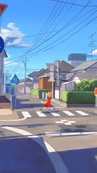 A fox girl crosses a street in a sunny suburban setting
