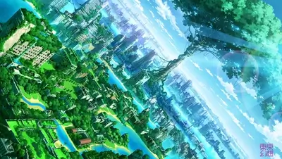 A futuristic city overgrown with nature, a giant tree connecting two worlds