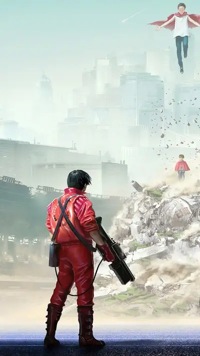 A futuristic city scene with a lone figure, destruction, and flying figures