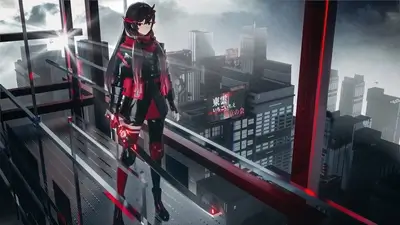 A futuristic cityscape with a female character