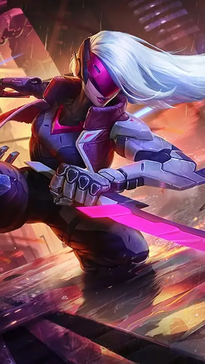 A futuristic female warrior wielding a glowing pink blade