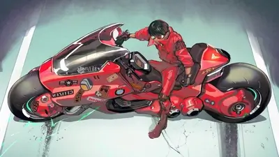 A futuristic motorcycle rider in a red suit