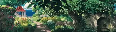 A garden path leads to a gazebo overlooking the sea