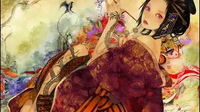 A geisha-like woman with tattoos, holding a pipe