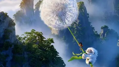 A giant dandelion floats above a misty mountain range, a girl and yeti clinging to it