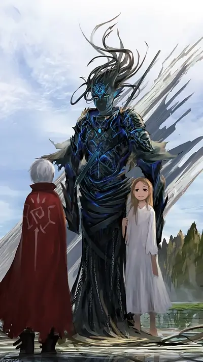 A giant, dark-clad figure stands with a young boy and girl