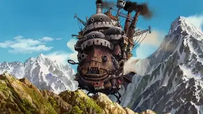 A giant steampunk airship floats above snow-capped mountains