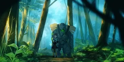 A girl and a stone golem stand in a mystical forest
