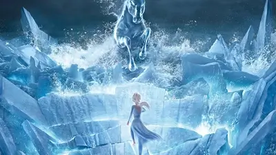 A girl faces water horse in frozen landscape, water splashes around, cool tones prevalent