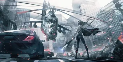 A girl fights with a futuristic weapon in a city under attack