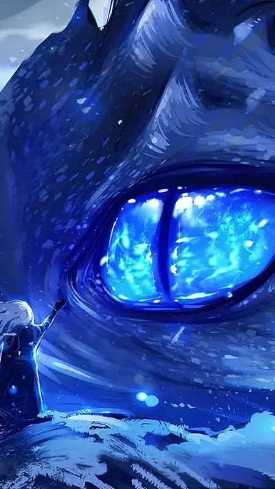 A girl gazes up at a colossal blue eye