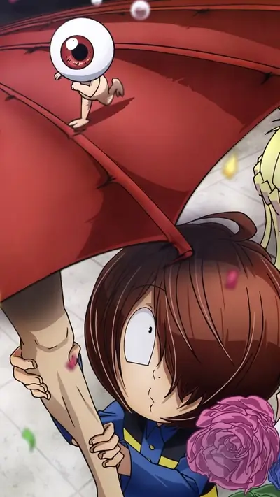 A girl holds a leg under a large red umbrella, a running eyeball watches