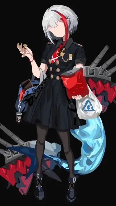 A girl in a black dress holds snacks, warships in the background