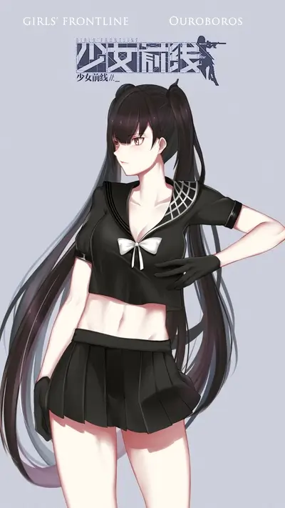A girl in a black sailor outfit, long black hair in pigtails