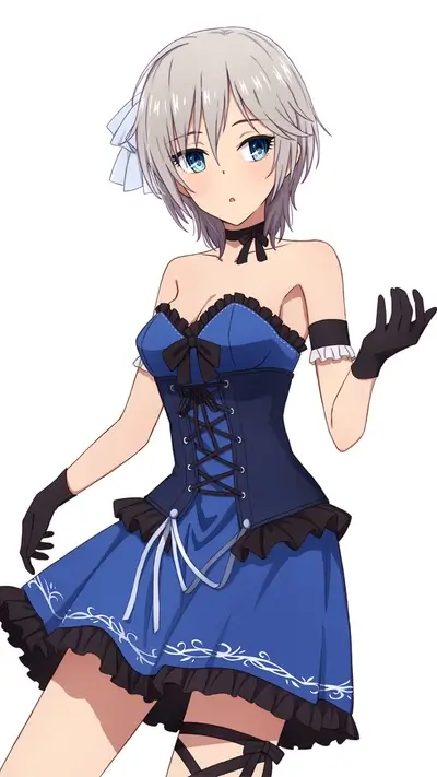 A girl in a blue and black corset dress