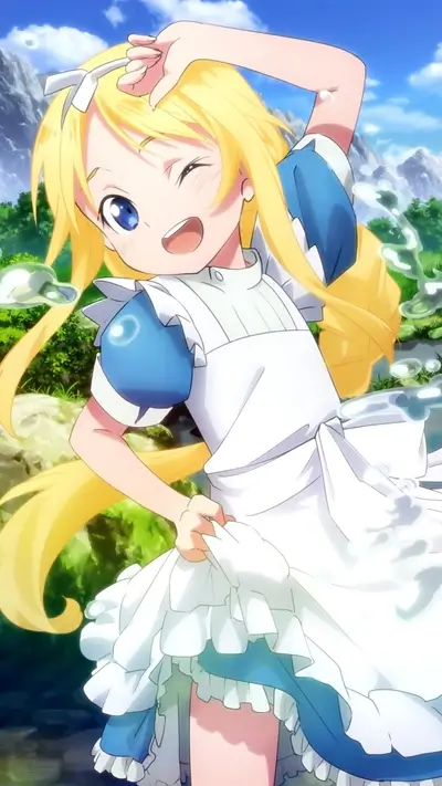 A girl in a blue and white dress, long blonde hair, smiling