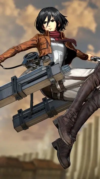 A girl in a brown jacket and boots is leaping with vertical maneuvering equipment