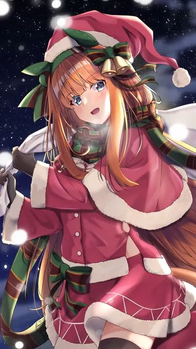 A girl in a Christmas outfit, snowy background