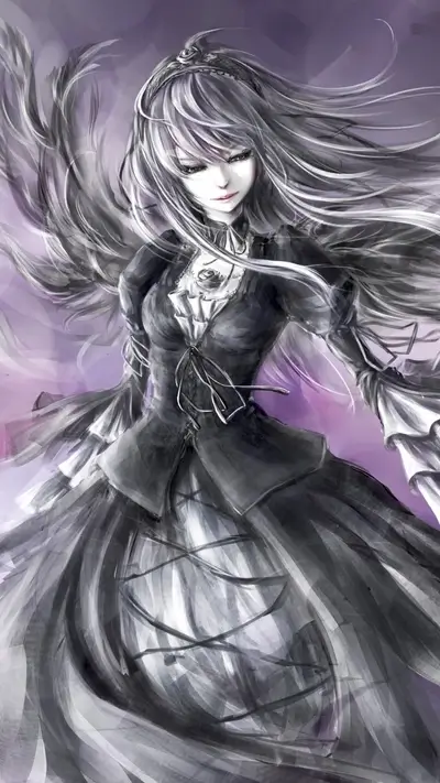 A girl in a dark dress with long hair