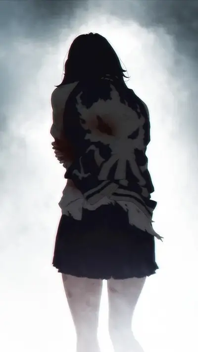 A girl in a dark outfit, back to the viewer, amidst a hazy sky