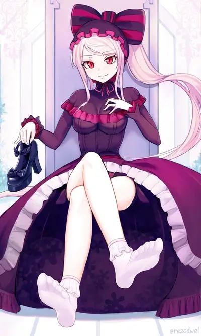 A girl in a dark purple dress sits on a throne