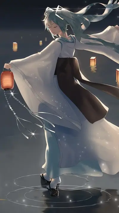 A girl in a flowing white kimono holds a lantern