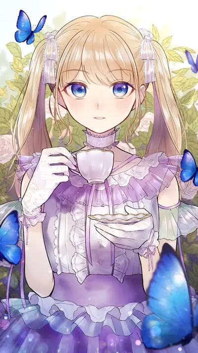 A girl in a frilly purple dress drinking tea