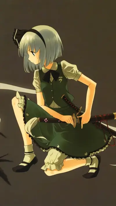 A girl in a green dress crouching, holding a katana