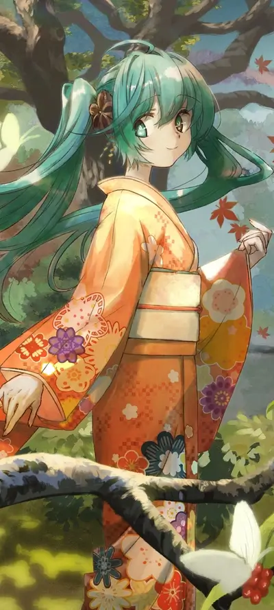 A girl in a kimono in a forest