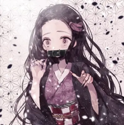 A girl in a kimono, mouth covered, snow falling