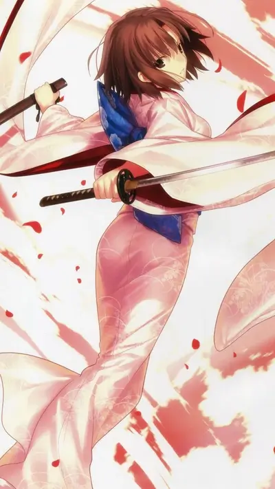 A girl in a kimono wielding two swords