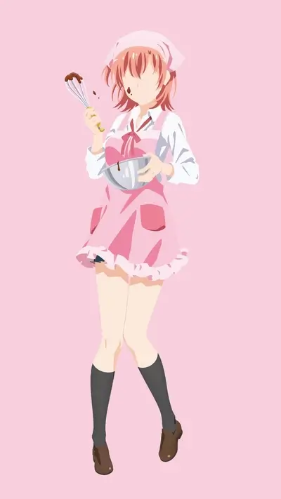 A girl in a pink apron bakes