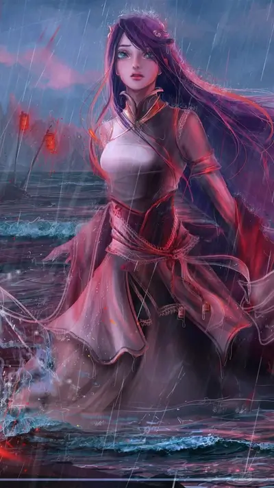 A girl in a pink dress stands in the rain by the sea