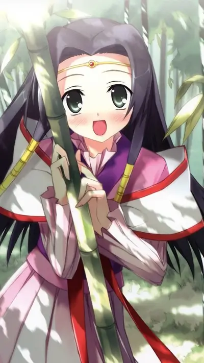A girl in a pink kimono stands behind a bamboo stalk