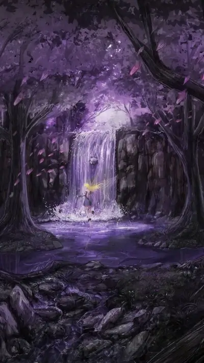 A girl in a purple forest by a waterfall
