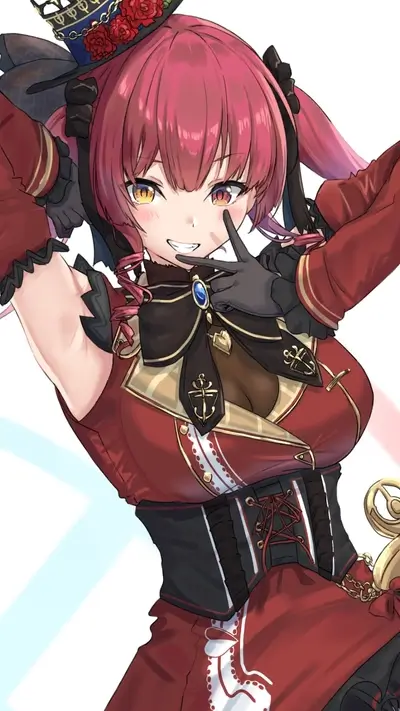 A girl in a red and black outfit, with a hat and pigtails