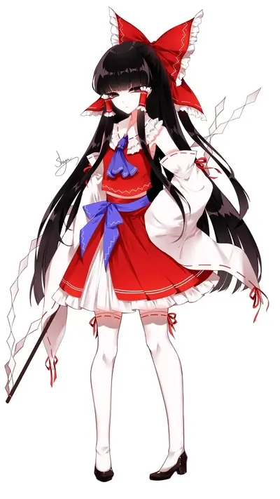 A girl in a red and white dress, long black hair, and red bow