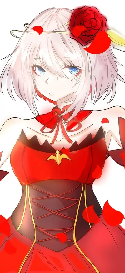 A girl in a red dress with a rose in her hair