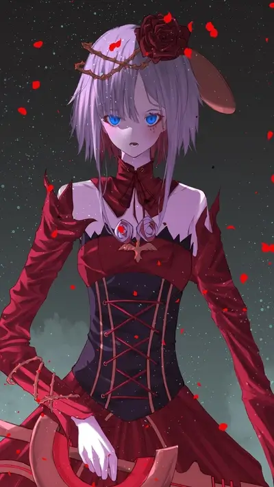 A girl in a red dress with a rose in her hair